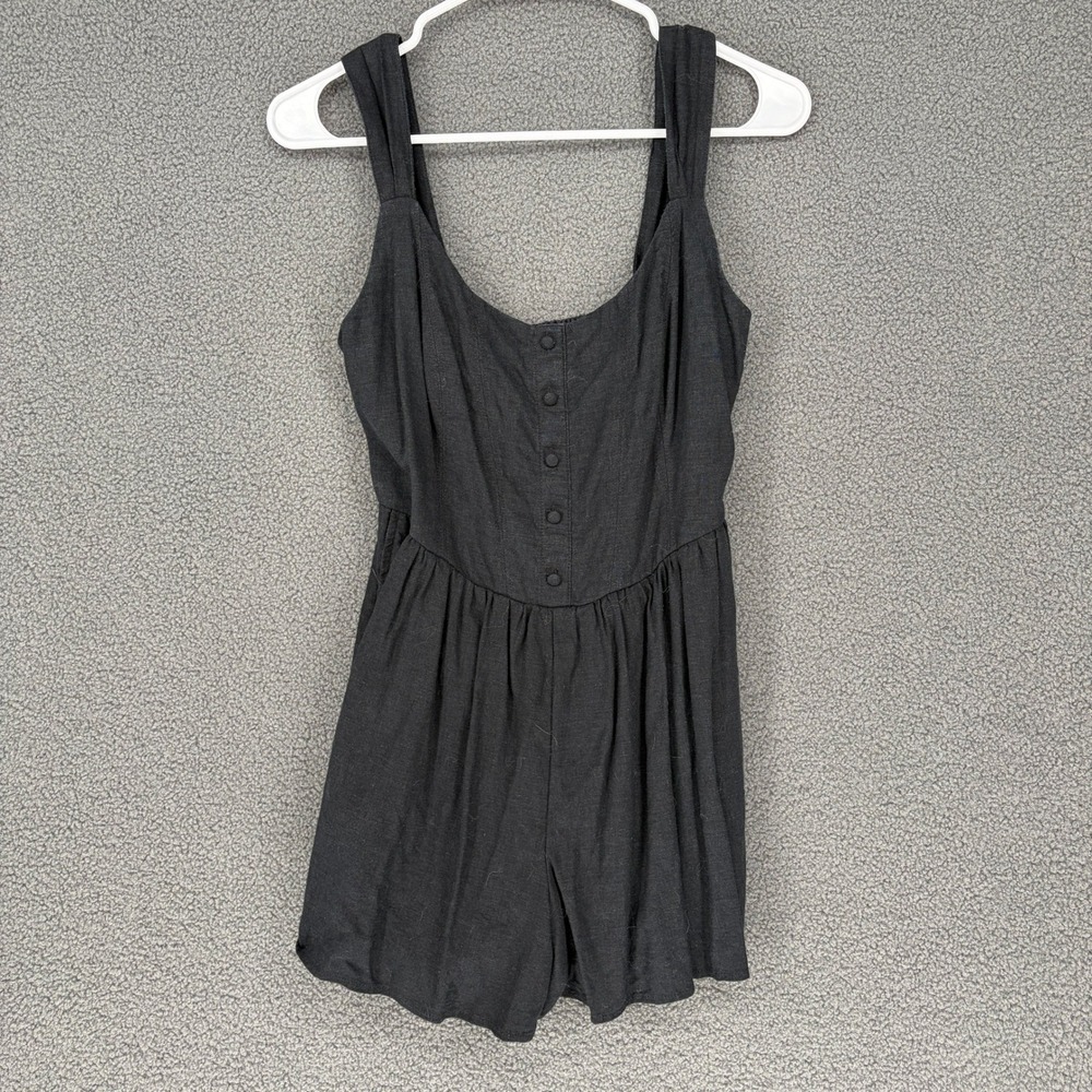 Abercrombie & Fitch Black Linen Blend Button Front Smocked Romper SP